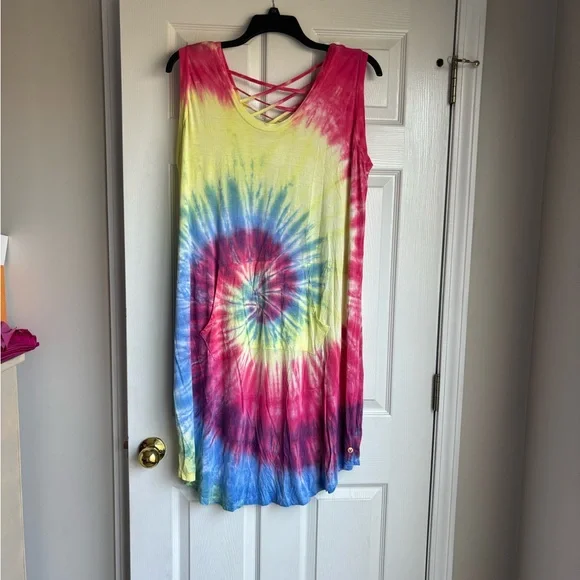 Livi Active Tie-Dye Sleeveless Crisscross Back Mini Dress - Pink, Yellow, Blue - Picture 1 of 5